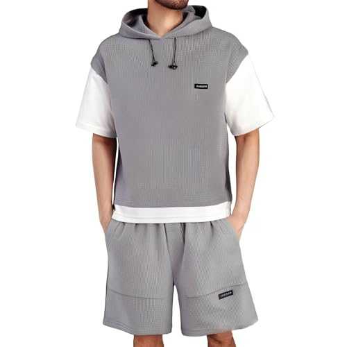 Generisch Waffle Tracksuit, Men's Jogging Suit, Drawstring Shorts and T-Shirt with Hood, Summer Suit, Baggy Leisure Suit, Y2K Tracksuit, Sports Suit, Beach Casual Tracksuits