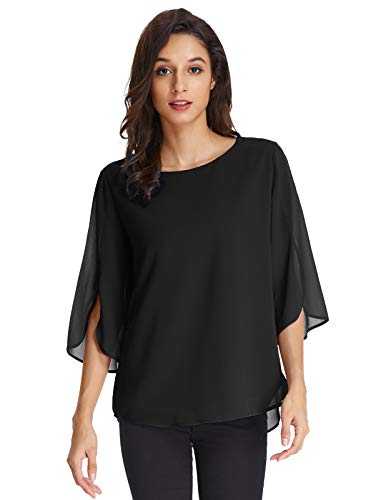 GRACE KARIN Women's Chiffon Blouse Tops Elegant Casual Loose 3/4 Split Sleeve Crew Neck Blouse Shirts