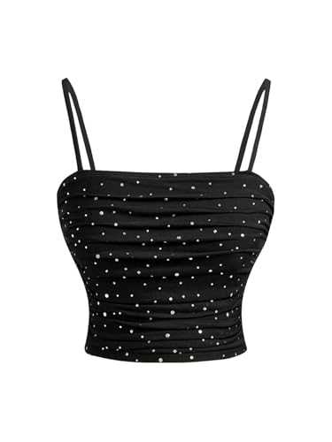 GORGLITTER Women's Rhinestone Sparkly Ruched Cami Tops Sexy Skinny Rave Party Cropped Tops