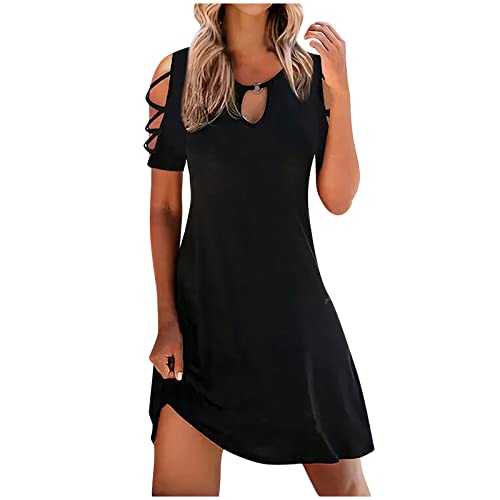 AMhomely Women's Summer Beach Dresses Sale Casual Slimming Draw Back Printed Short Sleeves Cold Shoulder Dress Bohemian Flowy Cruise Holiday Tunic A-line Dress for Ladies Size 8-18 UK A2453