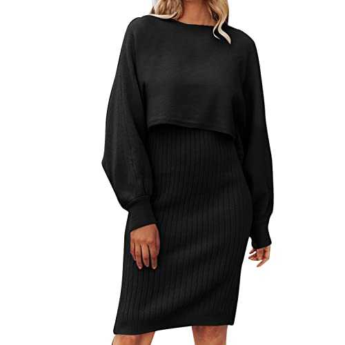 Womens Two-Piece Set Sweater Dress Lazy Style Fashion Solid Colour Knitted Pullover Loose Ribbed Round Neck Jumper Thermal Casual Knitwear Dress Long Sleeve Medium Length Faux Wool Dress