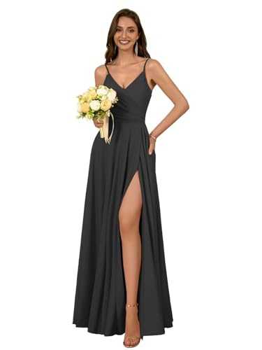 Dymaisei Satin Bridesmaid Dresses Long Spaghetti Strap V Neck Prom Dresses Ruched Formal Party Dress with Slit