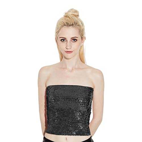 Womens Sparkly Tube Top, Glitter Sleeveless Party Club Tank Top, Non-Padded Stretchy Bandeau Bra Strapless Sequin Mermaid Crop Tops Bandeau for Party Clubwear