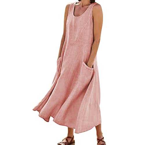 Skang Summer Dresses for Women UK Long Maxi Dresses Cotton Linen Casual Oversized Tunic Dress Sleeveless Vest Dress with Pockets Solid Color A-Line Dress Baggy Sundress Vacation Daily Party Dresses