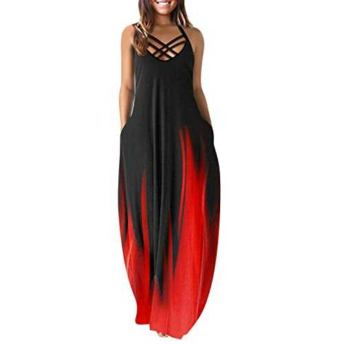 AMhomely Women Dresses Sale Clearance Maxi Dresses Summer Casual V-Neck Sleeveless Vacation Beach Pockets Long Dress for Special Occasions Plus Szie UK Size S-5XL