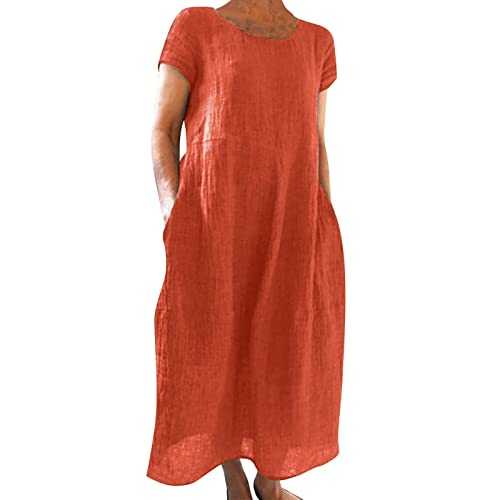 Boho Dresses for Women UK with Pockets Solid Color Loose Breathable Ladies Dress Short Sleeve Linen Dress Plus Size Lightweight Beachwear Round Neck Soft Womens Maxi Dresses