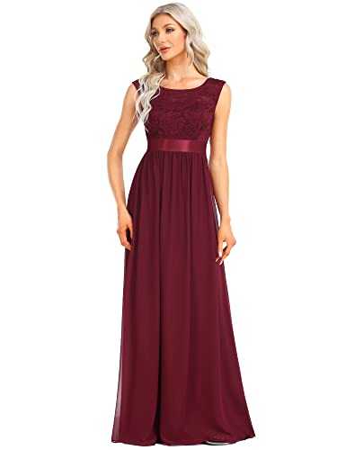 Ever-Pretty Women's Classic Round Neck Lace Bust Sleeveless Empire Waist Elegant A Line Floor Length Chiffon Evening Party Dresses Burgundy 12UK