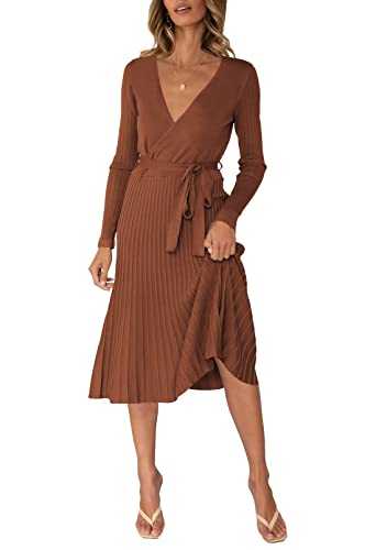 VamJump Women's V Neck Sweater Dress Casual Batwing Sleeve Wrap Front Backless Tie Waist Bodycon Dress