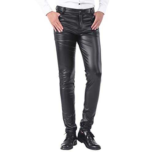 Augystre Men's Leather Jeans Wetlook Trousers Long PU Leather Trousers Leggings Slim Fit Disco Costume Men Shiny Clubwear Black Skinny Stretch Biker Leather Trousers
