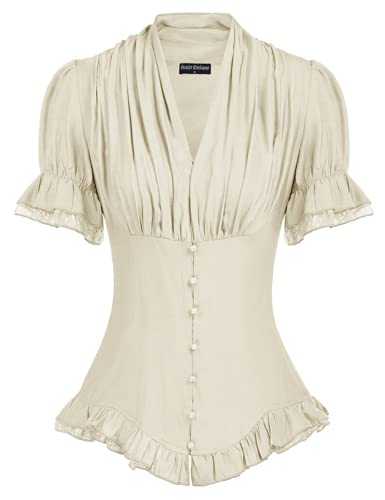 SCARLET DARKNESS Women's Shirt Tops Gothic Short Puff Sleeve V-Neck Slim Fit with Lace Vintage Victorian Blouse