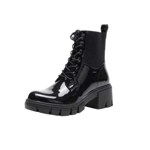 TOP STAKA Womens Winter Ankle Boots Lace Up Fasterning Zip Closure Black Patent Boots Elastic Band Block Heel Shoes Platform Boots Insulating UK Size 3-7.5 Style A68090