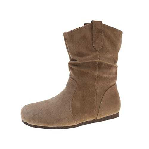Women's Ankle Boots Short Boots Spring Summer Autumn Single Retro Soft Leather Round Toe Flat Bottom Style Flat Heel Pleated Suede Small Single Boots Ladies Fashion Boot Women Comfortable Winter Boot