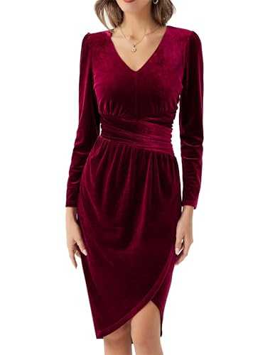 GRACE KARIN Women’s Velvet Dress Long Sleeve V-Neck Midi Slit Party Bodycon Dresses Formal Wrap Cocktail Dresses