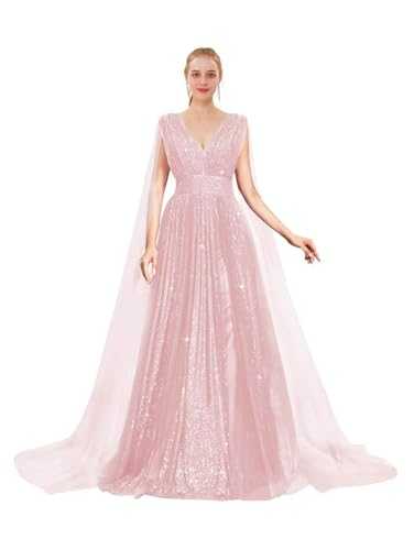 Sequin Prom Dresses with Cape Ball Gowns Tulle V Neck Formal Evening Dresses Sparkly Wedding Party Dress