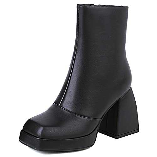 MJIASIAWA Women Fashion Chunky Heels Square Toe Platform Ankle Boots