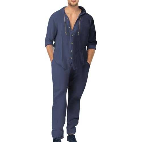 Cocila Men's Solid Cotton and Linen Suit,2025 UK Long-sleeved Drawstring Button-down shirt, Loose Oversized Casual Pants Fashion Sweatsuit Breathable Tracksuit