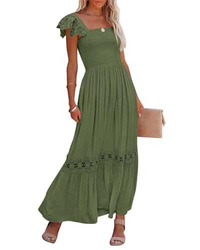 ZESICA Summer Dress 2023 Women's Sleeveless Square Neck Smocked High Waist Ruffle Hollow Out Flowy A-line