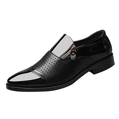 Men's Black Patent Loafers, Driving Leather Oxford Shoes, Fashion Side Zippers Hollowed Breathable Shoes, Casual Smart Pointed Toe Party Shoes, Anti-Slip Outdoor Business Walking Shoes