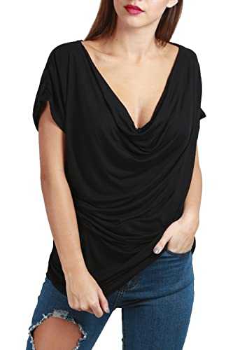 Be Jealous Womens Side Ruched Stretchy Gathered Cowl Neck Short Sleeve Tee Shirt Top