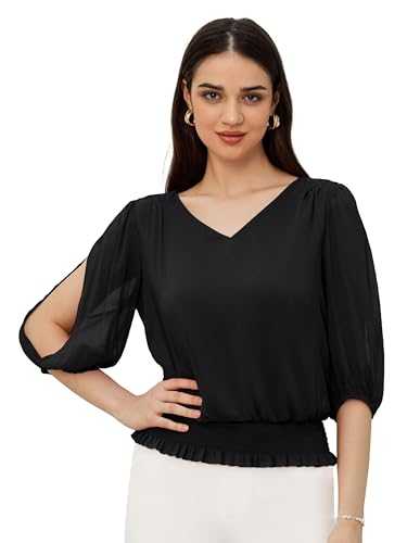 GRACE KARIN Women Elegant Chiffon Tops Blouse Casual 3/4 Slit Sleeve V-Neck Pullover Tops