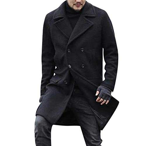 KINKOCCL Men's 3/4 Long Overcoat Jacket Slim-Fit Wool Trench Coat with Hood Mid-Length Winter Trench Coats Wool Overcoat Full Length Double Breasted Long Pea Coat