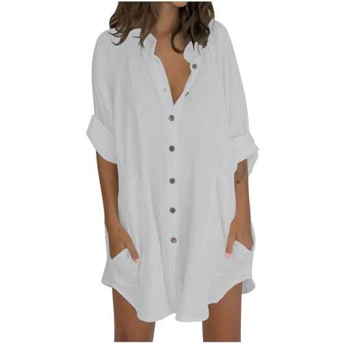 TURWXGSO Cotton Linen Shirts for Women UK Summer Button Down Tops Long Sleeve Dressy Casual Blouses Longline Tunic Top Oversized Tshirts Holiday Beach Shirt with Pockets Clearance