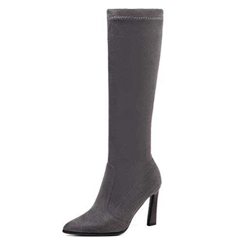 Women Mid Calf Boots Stilettos Autumn Winter Cone Heel Slip On Party Stretch Suede Pointed Toe Hoof Heels High Heels