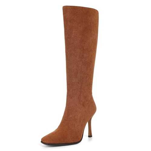Phefarer Knee High Boots, Women Thigh High Tall Leather Square Toe 3.74 In Stiletto Heel Sexy Fashion Side Zipper Fall Winter Long Boots