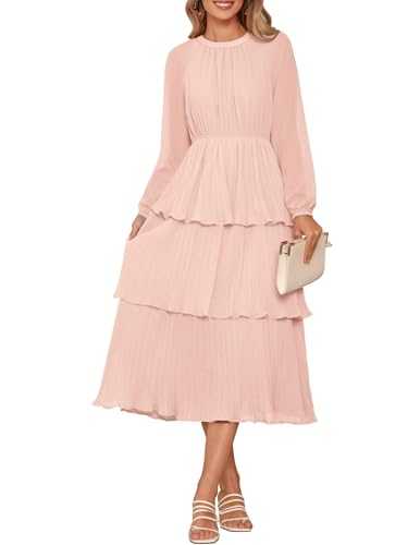 ZESICA Women's 2023 Long Sleeve Crew Neck Ruffle Tiered Layered Chiffon Flowy Swing Long Midi Dress