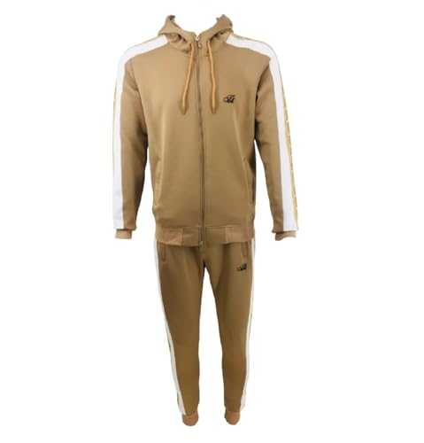 GEORGIO PEVIANI Mens Silk Tracksuit TiM Designer Slim Fit Men Beige Zip Up Top & Matching Jogger 2pcs Set