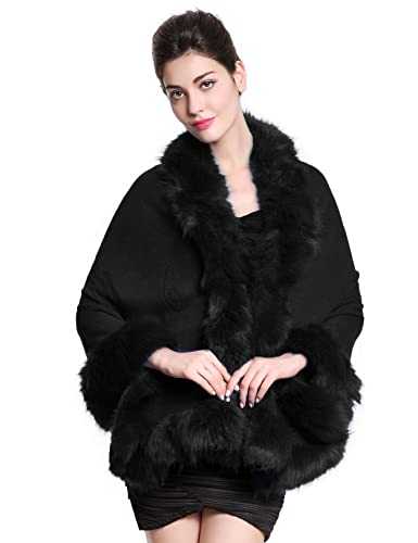 BEAUTELICATE Women Faux Fur Wrap Shawl Stole Knit Cape Shrug With Fur Trim For Winter Wedding Bride Bridesmaid Evening Party