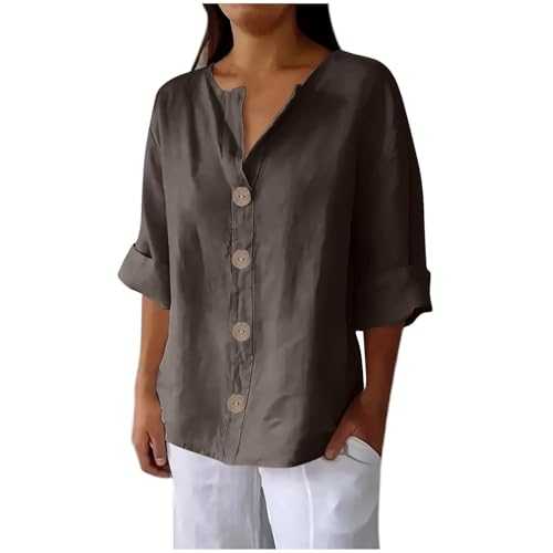 Ladies Summer Tops Cotton Linen 3/4 Sleeve Shirts Button Down Blouses Oversize Women's T-Shirts Solid Color Thin Summer Tops Lounge Tees Tunic Loose Fit Casual Blouses Plus Size Blouse