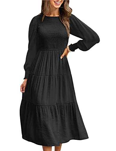 SEBOWEL Women Casual Dress Long Sleeve Crewneck Swing Dress Flowy Tiered Maxi Long Dress