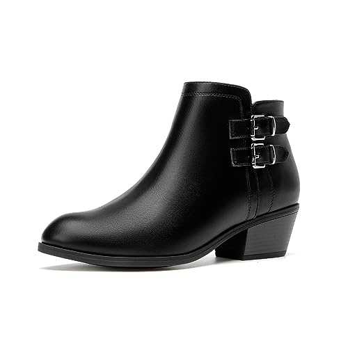CentroPoint Women's Stacked Heel Ankle Booties Classic Round Toe Causal Short Boots Slip On Side Zipper Buckles Boot