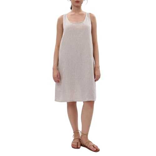 Amazhiyu Women Linen Dresses, Ladies Summer Casual Midi Tank Dresses Sleeveless Crew Neck Dress with Pockets Pure Linen