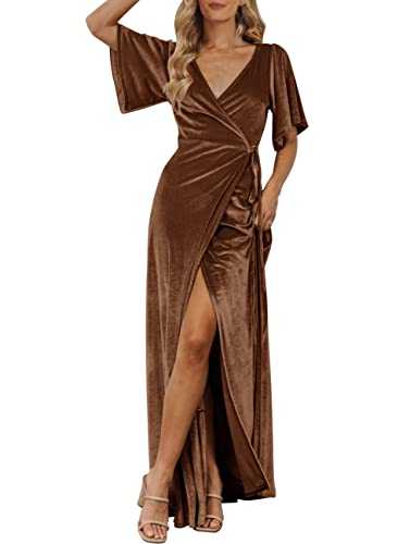 MEROKEETY Women's V Neck Wrap Velvet Maxi Dress Bell Sleeve Split Bridesmaid Cocktail Party Dress