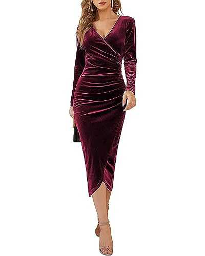 Womens Wrap V-Neck Dress Velvet Elegant Long Sleeve Mermaid Cocktail Dress Evening Gowns Long Ruched Party Dresses for Slim Ladies Dinner Dance Fancy Party Ball