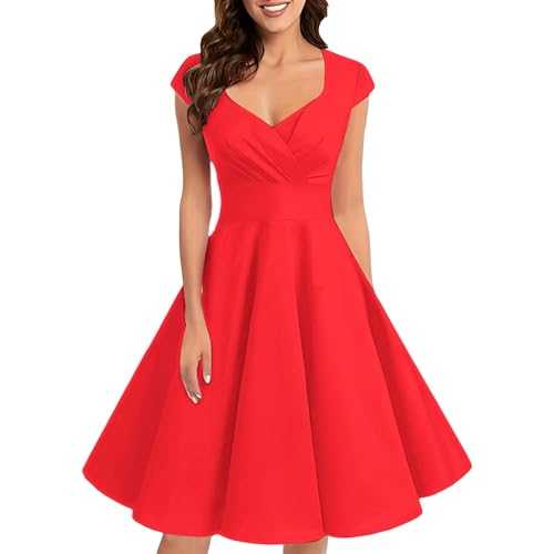 Wedding Guest Dresses for Women UK Summer Prom Dress Ladies Elegant A-Line Vintage Midi Evening Party Cocktail Dress Wedding Bridesmaid Formal Modest Casual Ruffle Sundress with Pockets Plus Size