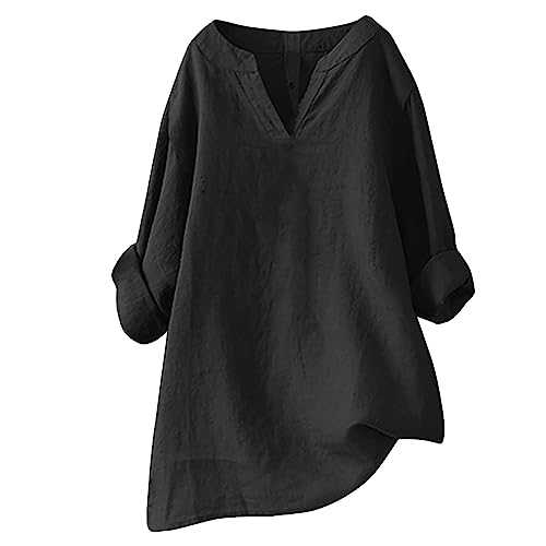 Cotton Linen T Shirts for Women V Neck Loose Fit Tunic Tops Solid Color Plus Size Pullover Blouse Tops Longline Long Sleeve Shirts Basic Lightweight Tee Tops for Casual Wear Date Outgoing