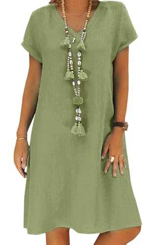 Women's Dress Summer Linen Dresses Casual V Neck Midi Dress Short Sleeve A-line Dress Sundress Tunic Dress Without Accessories