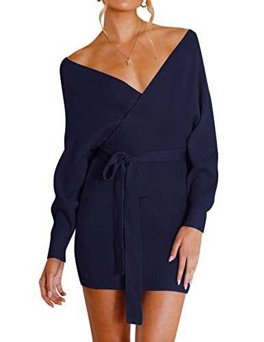 ZESICA Women's Long Batwing Sleeve Wrap V Neck Knitted Backless Bodycon Pullover Sweater Dress with Belt