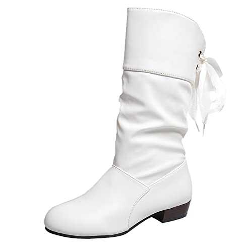 Ladies Fashion Solid Color Pleated Leather Bow Tie Back Thick Heel Medium Boots Womens Extra Wide Calf Boots