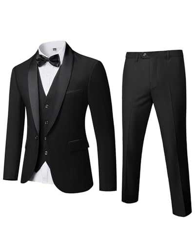 YND Men's 3 Piece Slim Fit Tuxedo Set, One Button Shawl Collar Solid Jacket Vest Pants with Bow Tie