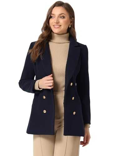 Allegra K Women's Double Breasted Short Pea Coat Tie Waist Work Office Elegant Winter Lapel Overcoat with Belt
