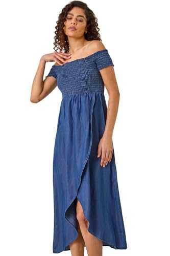 Roman Originals Bardot Dress for Women UK Ladies Shirred Chest Off Shoulder Cold Shoulder Maxi Midi Summer Beach Holiday Sleeveless Garden Cocktail Party Elasticated