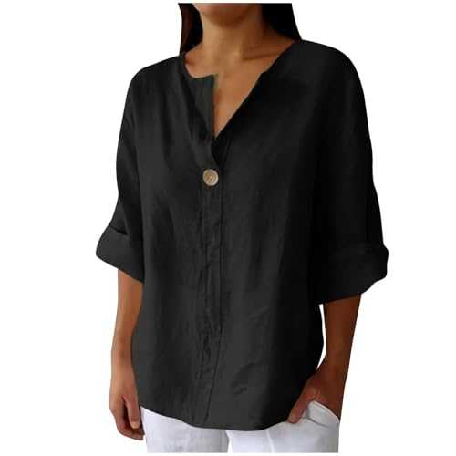 Linen Tops & T-Shirts Women Clearance,Ladies 3/4 Sleeve T Shirts V Neck Button Solid Color Shirt Oversized Blouses Summer Casual Elegant Loose Top Office Work Comforty Thin Tees Trendy Clothes S-5XL