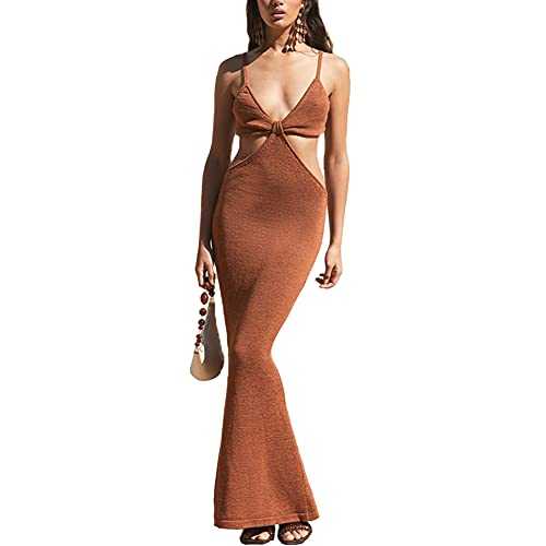 Antopmen Women Spaghetti Straps Knitted Maxi Dresses Elegant Sexy Party Cut Out Backless Bodycon Slim Dress