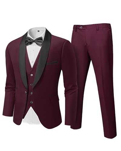 Hihawk Men's 3 Piece Slim Fit Solid Tuxedo with Stretch Fabric, One Button Shawl Collar Jacket Vest Pants with Bow Tie.