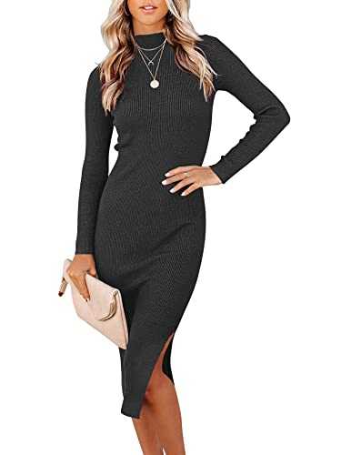 Women's Ribbed Long Sleeve Sweater Dress Mock Turtleneck Slim Fit Knitted Midi Dress