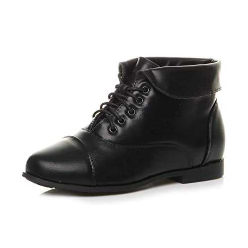 AJVANI Womens ladies low heel flat lace up fold over cuff victorian vintage style pixie ankle boots booties size